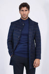 Navy Blue Plaid Slim Fit Stand-Up Collar Hidden Button Coat – Wessi