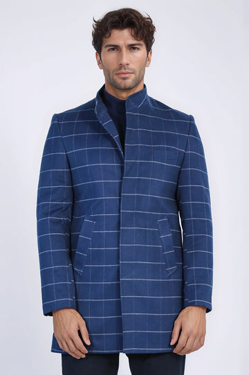 Blue Plaid Slim Fit Stand-Up Collar Hidden Button Long Coat – Wessi