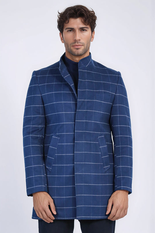Blue Plaid Slim Fit Stand-Up Collar Hidden Button Long Coat – Wessi