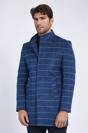 Blue Plaid Slim Fit Stand-Up Collar Hidden Button Long Coat – Wessi