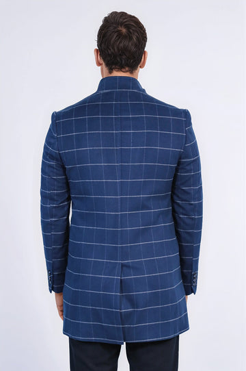 Blue Plaid Slim Fit Stand-Up Collar Hidden Button Long Coat – Wessi