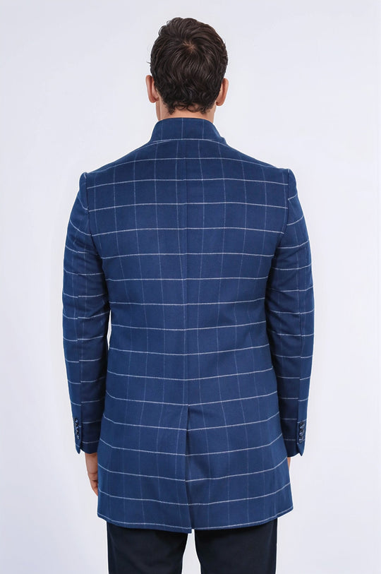 Blue Plaid Slim Fit Stand-Up Collar Hidden Button Long Coat – Wessi