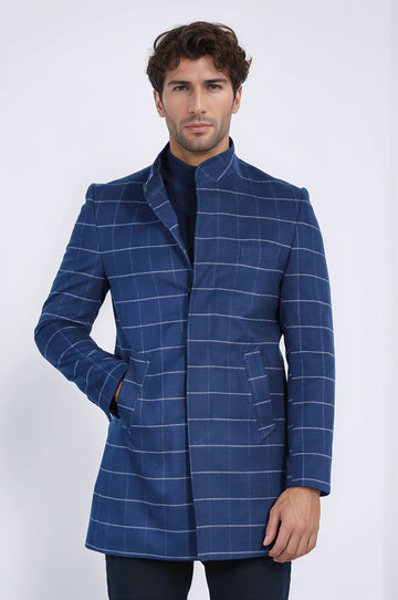 Blue Plaid Slim Fit Stand-Up Collar Hidden Button Long Coat – Wessi