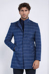 Blue Plaid Slim Fit Stand-Up Collar Hidden Button Long Coat – Wessi
