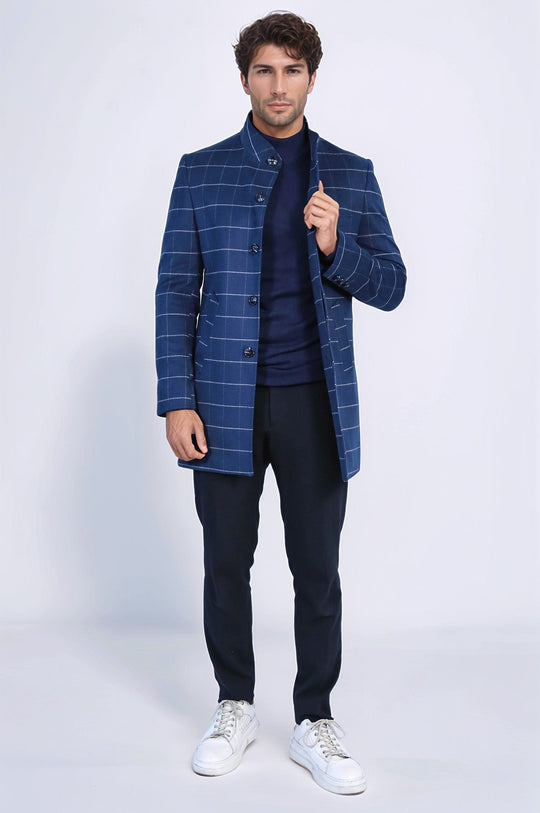 Blue Plaid Slim Fit Stand-Up Collar Hidden Button Long Coat – Wessi