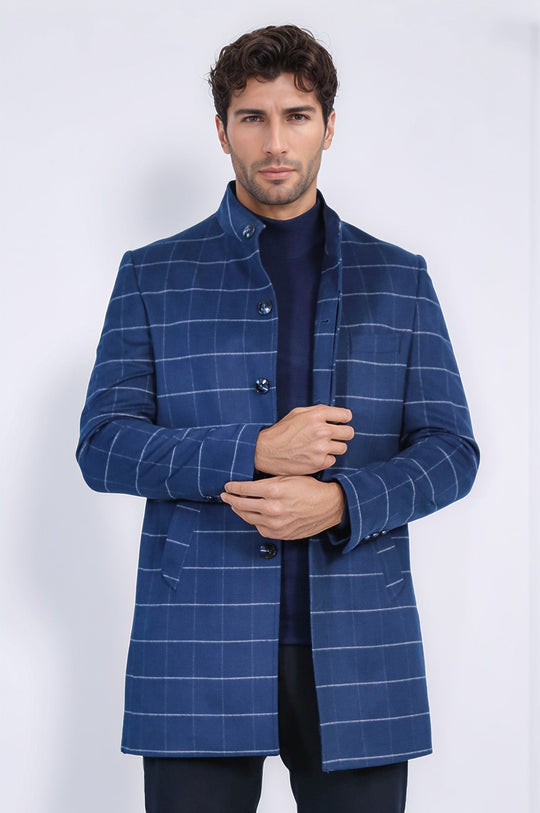 Blue Plaid Slim Fit Stand-Up Collar Hidden Button Long Coat – Wessi