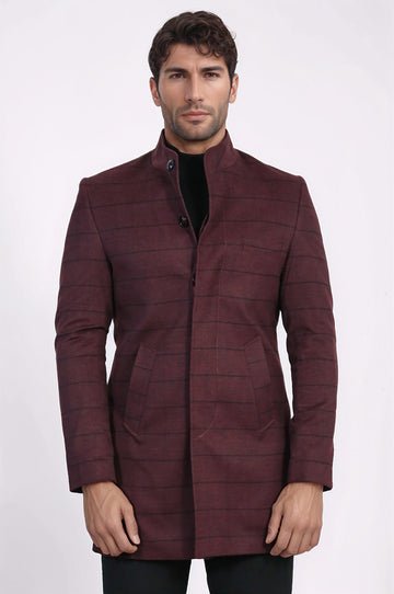 Burgundy Check Slim Fit Mandarin Collar Long Coat – Wessi