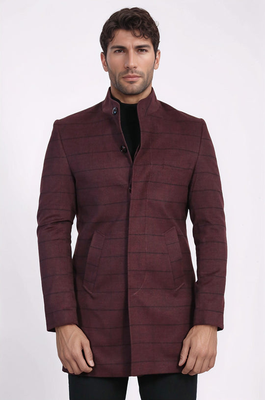 Burgundy Check Slim Fit Mandarin Collar Long Coat – Wessi