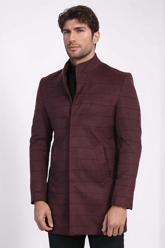 Burgundy Check Slim Fit Mandarin Collar Long Coat – Wessi