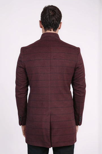 Burgundy Check Slim Fit Mandarin Collar Long Coat – Wessi