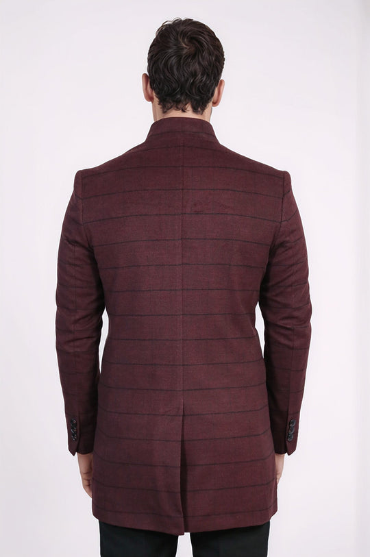 Burgundy Check Slim Fit Mandarin Collar Long Coat – Wessi
