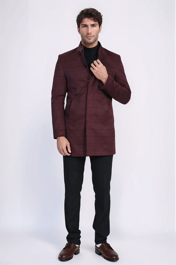 Burgundy Check Slim Fit Mandarin Collar Long Coat – Wessi