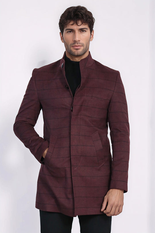 Burgundy Check Slim Fit Mandarin Collar Long Coat – Wessi