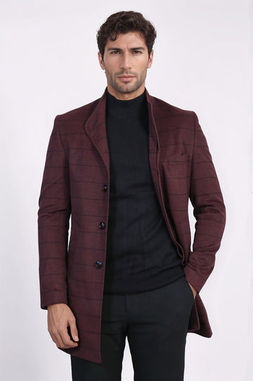 Burgundy Check Slim Fit Mandarin Collar Long Coat – Wessi