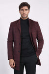Burgundy Check Slim Fit Mandarin Collar Long Coat – Wessi