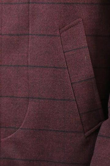 Burgundy Check Slim Fit Mandarin Collar Long Coat – Wessi
