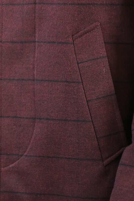 Burgundy Check Slim Fit Mandarin Collar Long Coat – Wessi