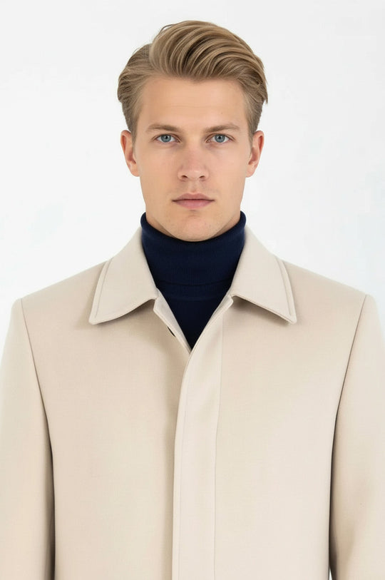 Beige Slim Fit Peak Lapel Hidden Button Wool Blend Long Coat – Wessi