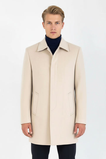 Beige Slim Fit Peak Lapel Hidden Button Wool Blend Long Coat – Wessi