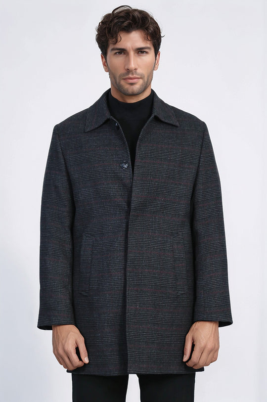 Black Slim Fit Wool-Blend Hidden Button Peak Lapel Short Coat | Wessi