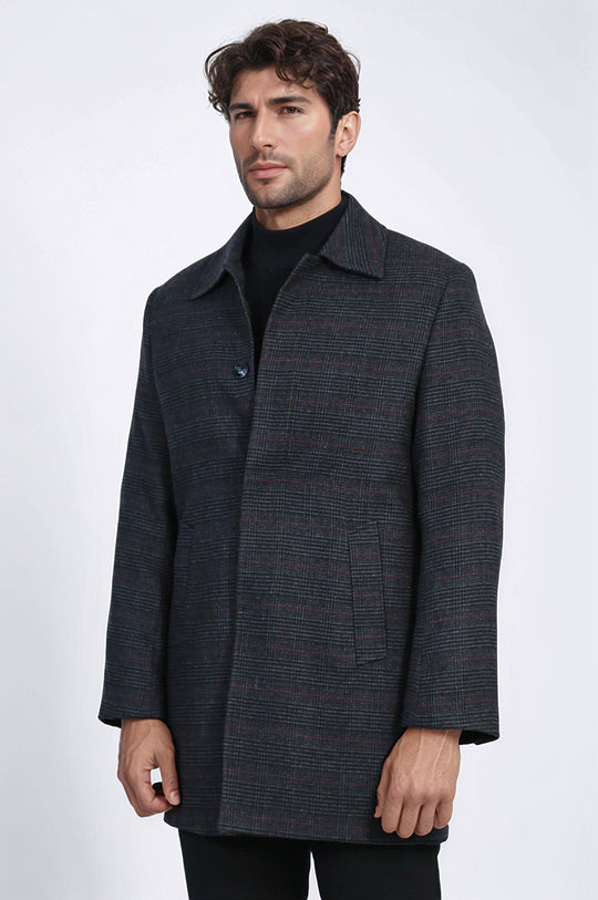 Black Slim Fit Wool-Blend Hidden Button Peak Lapel Short Coat | Wessi