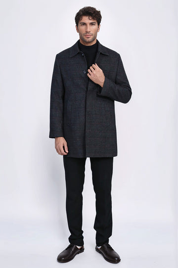 Black Slim Fit Wool-Blend Hidden Button Peak Lapel Short Coat | Wessi