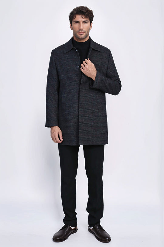 Black Slim Fit Wool-Blend Hidden Button Peak Lapel Short Coat | Wessi