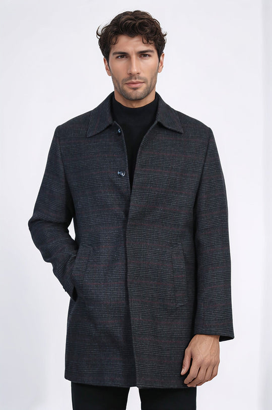 Black Slim Fit Wool-Blend Hidden Button Peak Lapel Short Coat | Wessi