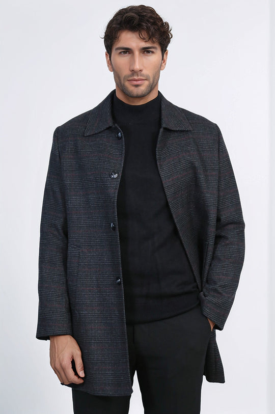 Black Slim Fit Wool-Blend Hidden Button Peak Lapel Short Coat | Wessi