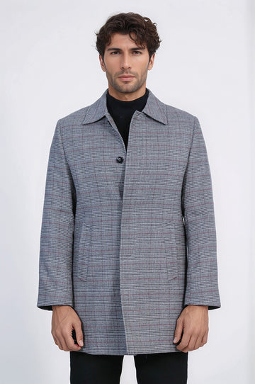 Grey Check Slim Fit Hidden Button Peak Lapel Overcoat – Wessi
