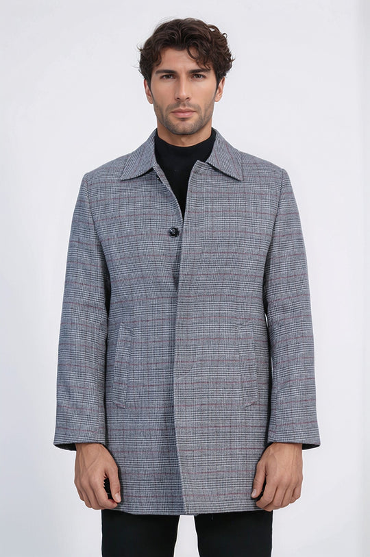 Grey Check Slim Fit Hidden Button Peak Lapel Overcoat – Wessi