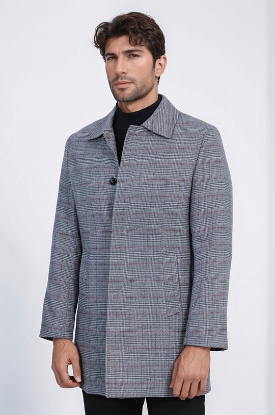 Grey Check Slim Fit Hidden Button Peak Lapel Overcoat – Wessi