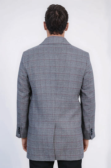 Grey Check Slim Fit Hidden Button Peak Lapel Overcoat – Wessi