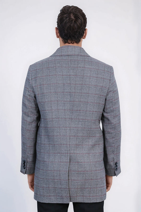 Grey Check Slim Fit Hidden Button Peak Lapel Overcoat – Wessi