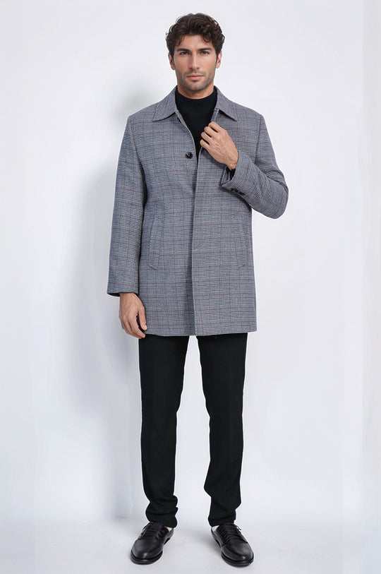 Grey Check Slim Fit Hidden Button Peak Lapel Overcoat – Wessi