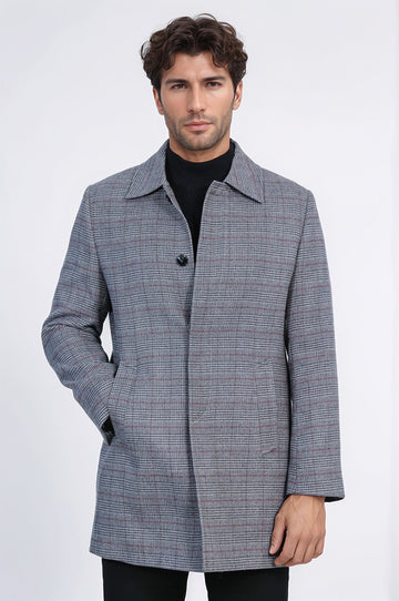 Grey Check Slim Fit Hidden Button Peak Lapel Overcoat – Wessi