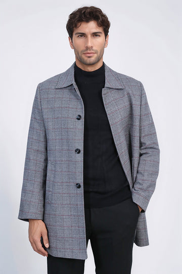 Grey Check Slim Fit Hidden Button Peak Lapel Overcoat – Wessi