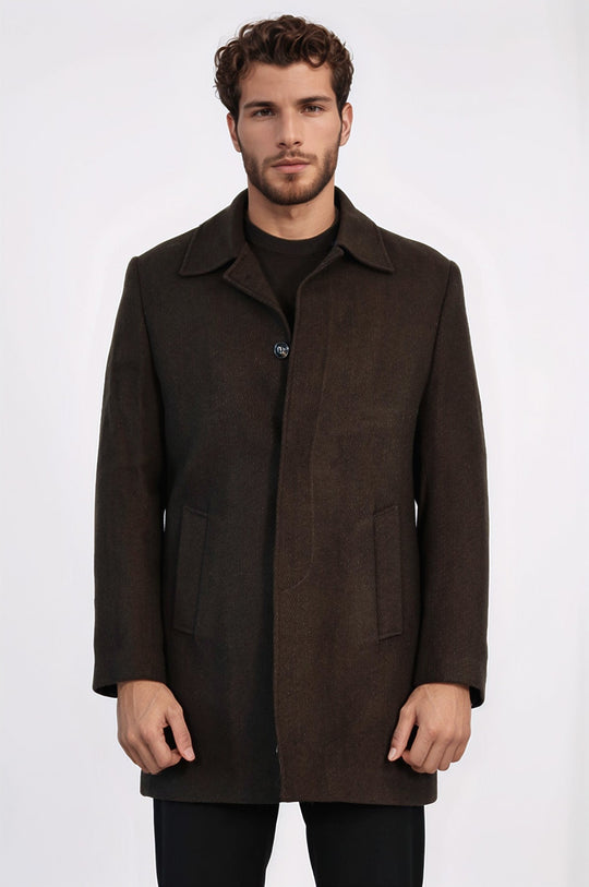 Brown Slim Fit Peak Lapel Hidden Button Wool Blend Coat – Wessi