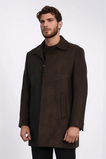 Brown Slim Fit Peak Lapel Hidden Button Wool Blend Coat – Wessi