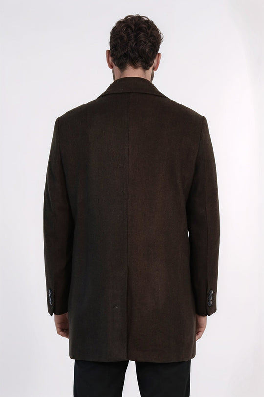 Brown Slim Fit Peak Lapel Hidden Button Wool Blend Coat – Wessi
