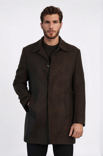 Brown Slim Fit Peak Lapel Hidden Button Wool Blend Coat – Wessi