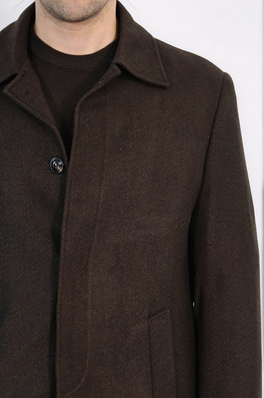 Brown Slim Fit Peak Lapel Hidden Button Wool Blend Coat – Wessi