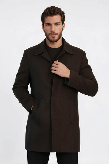 Brown Slim Fit Peak Lapel Hidden Button Wool Blend Coat – Wessi