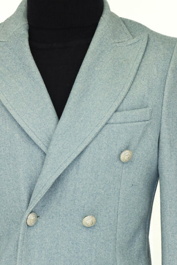 Indigo Blue Slim Fit Double Breasted Metal Button Wool-Rich Long Coat – Wessi