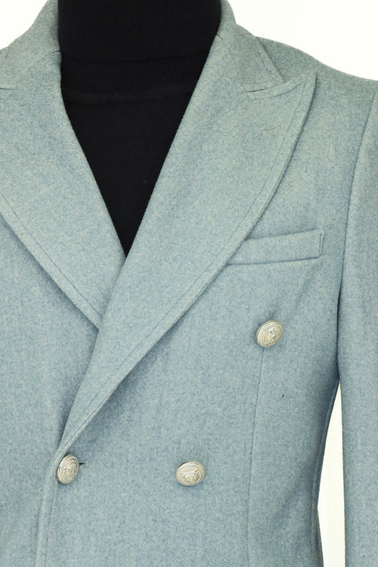 Indigo Blue Slim Fit Double Breasted Metal Button Wool-Rich Long Coat – Wessi