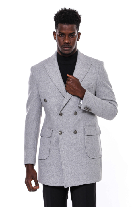 Grey Slim Fit Double Breasted Metal Button Wool-Rich Long Coat – Wessi