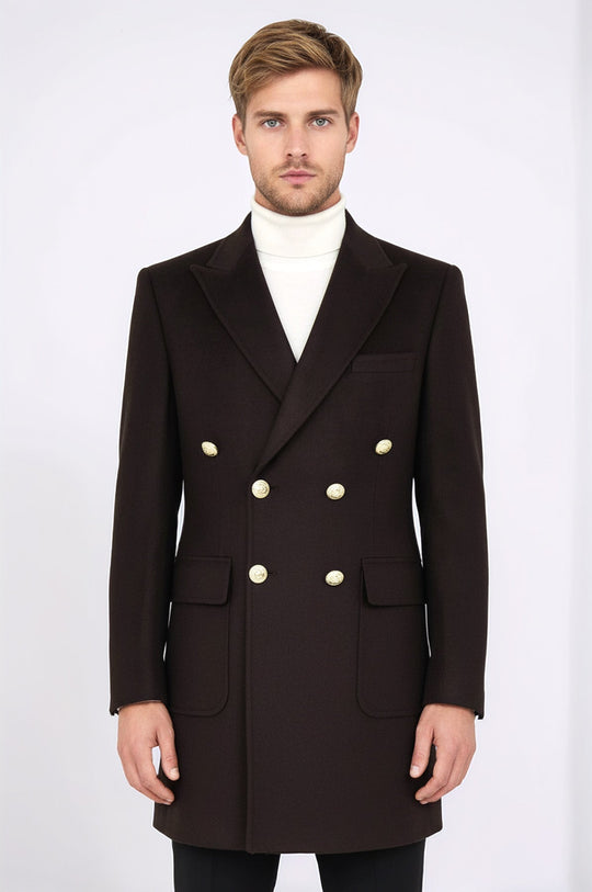 Brown Slim Fit Double Breasted Metal Button Wool-Rich Long Coat – Wessi