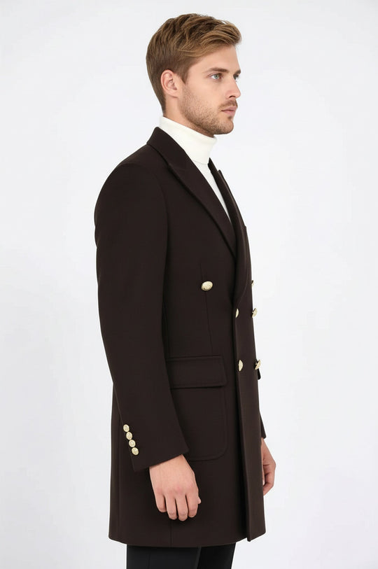 Brown Slim Fit Double Breasted Metal Button Wool-Rich Long Coat – Wessi