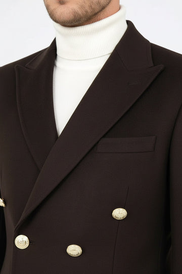 Brown Slim Fit Double Breasted Metal Button Wool-Rich Long Coat – Wessi
