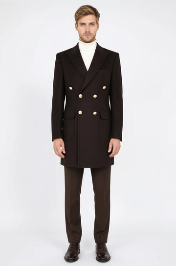 Brown Slim Fit Double Breasted Metal Button Wool-Rich Long Coat – Wessi